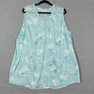 Como Blu Sleeveless V Neck Floral Top Light Blue  Sz 2X